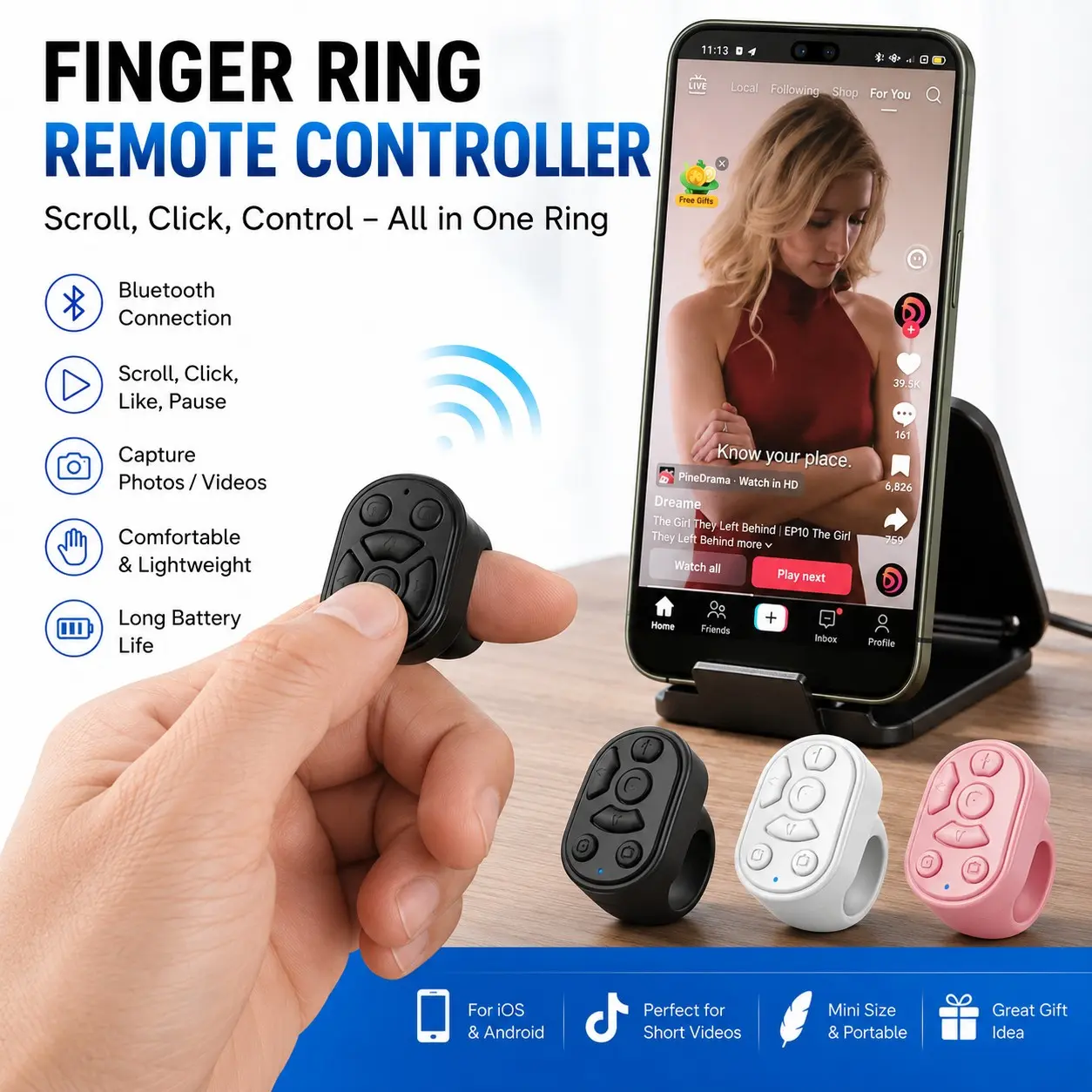 Bluetooth Smart Ring Remote Controller - Unisex Adult Phone Accessories, Portable Camera Shutter Clicker, Ebook Page Turner, Photography Supplies, Compatible with iPhone, Android Phone, Tablet (with Box)
