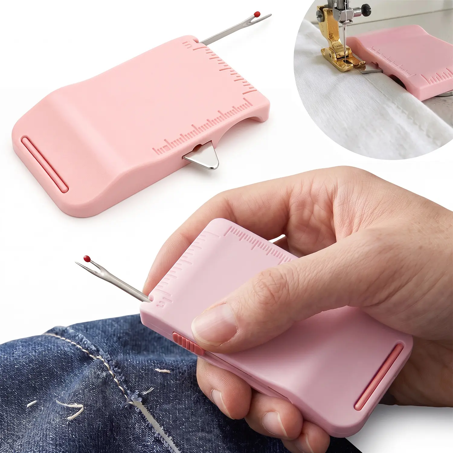 Magnetic Sewing Machine Sleeve Tool,4-in-1 ABS Edge Guide with Built-in Seam Ripper,Ruler Scale for Cuffs,Plackets,Collars and Topstitching,Ideal for Beginners