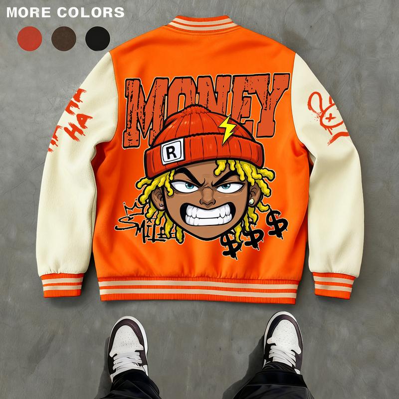 Men's Baseball Jacket Polyester Durable Wind-Resistant Orange & Apricot Colorblock Money, BOY, Rabbit, "$" Graphic Varsity Coat Y2K Vintage Retro Classic Old-School Casual Sports SWAG Streetwear Light Fleece-Lined Winter Jacket Trendy Gift for Boyfriend