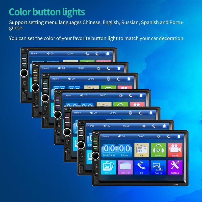 Dual Din Car Audio 7 Inch Touch Screen with Bluetooth Reversing Camera, USB, AUX, Auto Radio, MP5, MP4, MP3, MP3 Player, 12LED Rear Camera