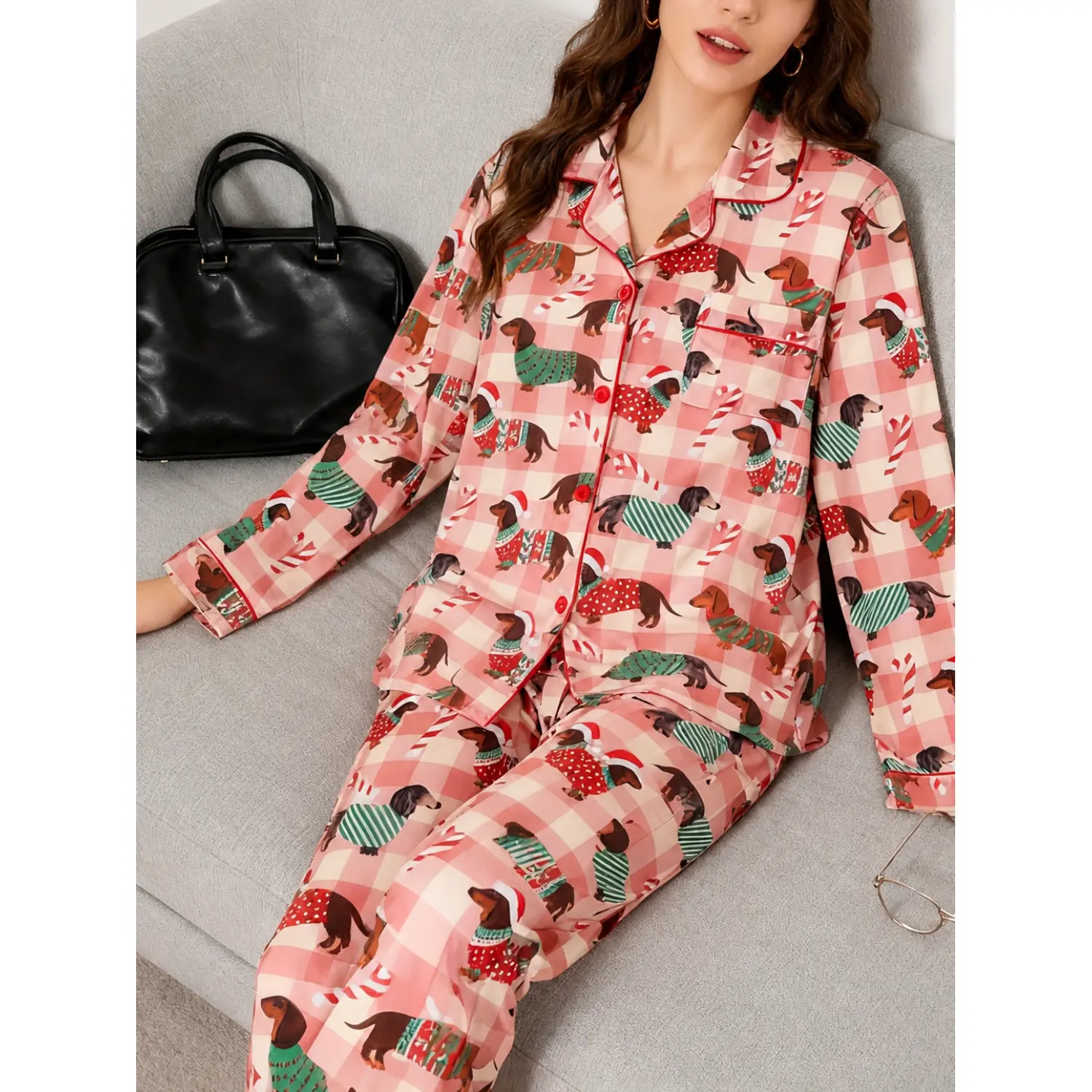Christmas Count! Women's Long-Sleeve Dachshund Print Pajama Set (S-XXL) | Festive Pink Gingham Sleepwear for Christmas Morning, Family Photo Sessions & Cozy Gift Exchanges - Perfect Holiday Gift for Dog Lovers!