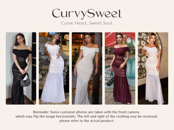 CurvySweet Women’s Convertible Off The Shoulder Maxi Dress Built-in Bra Bodycon Ruched Mesh Formal Evening Dresses for Women SpringStatements