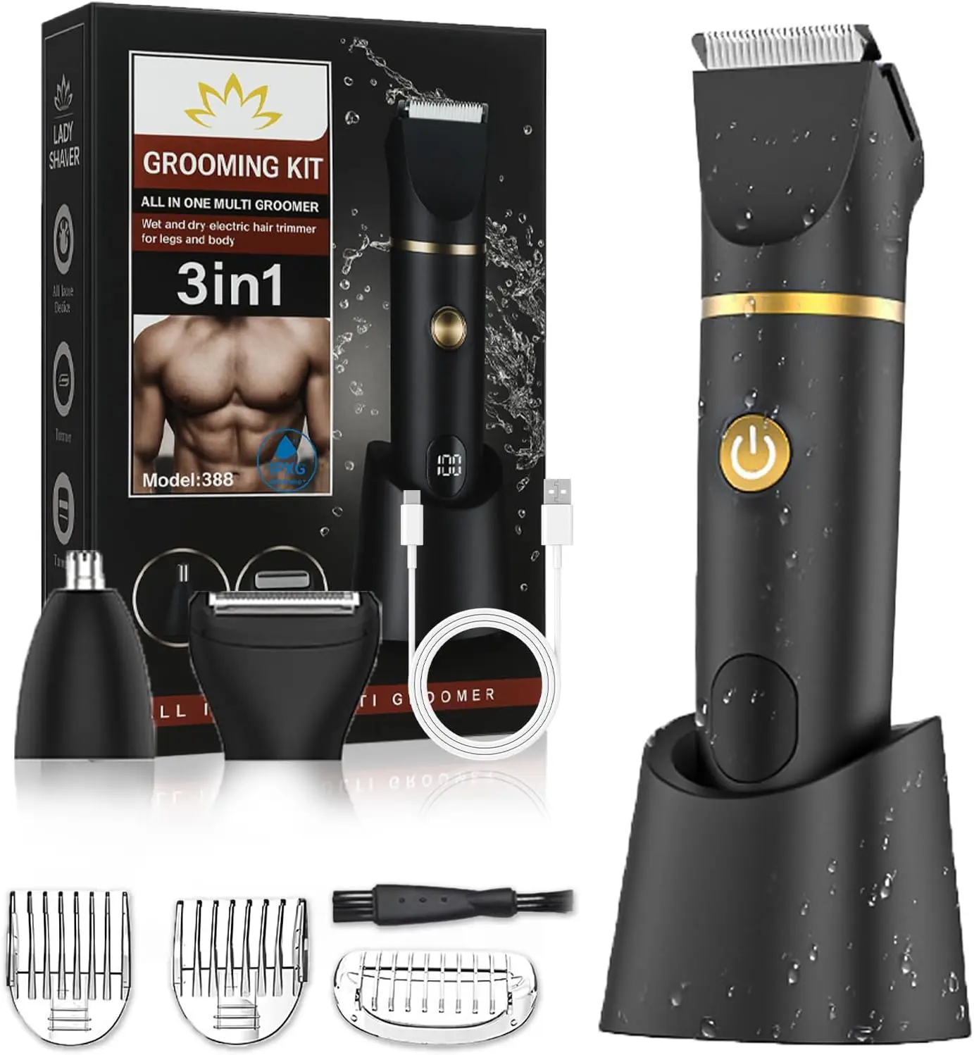 Men's 3-in-1 Painless Electric Razor - Waterproof Smooth Hair Removal Grooming Kit with Pubic Hair Trimmer, Facial Remover, LCD Display, Lightweight Brush, Rechargeable Daily Trip Shaver #FathersDayGift, Personal Care Appliances