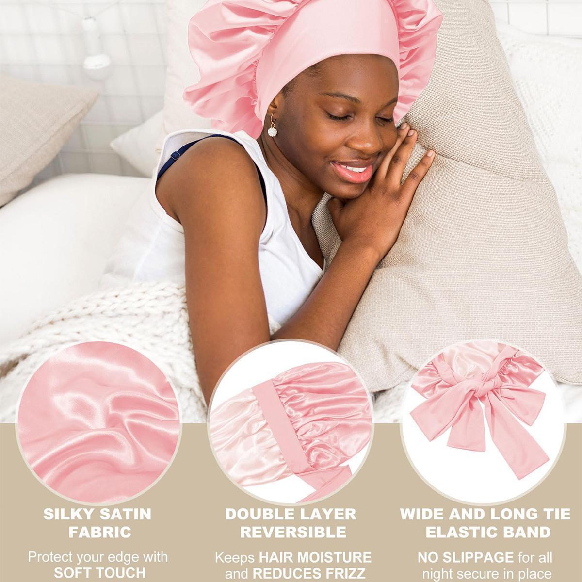 AWAYTR Double Layered Two Color Satin Bonnet Women's Silk like Bonnets for Sleeping with Tie Band Curly Hair Care Night Cap Gifts