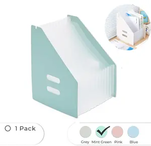 Expanding Magazine Holder with 13 Pockets | Portable Desktop Plastic Self Standing Accordion File Organizer for A4 Letter Size Document Storage Home Office School, Mint Green
