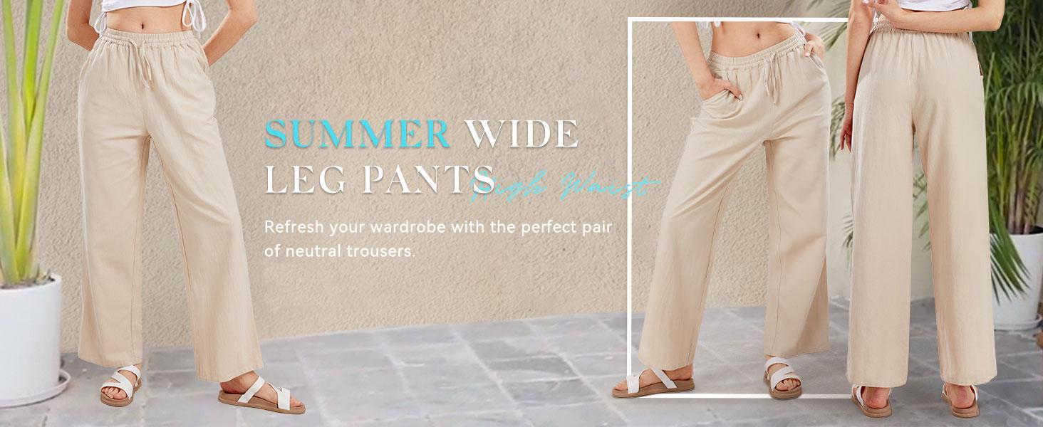 【New Arrival】Ebossy Women's Khaki Cotton Linen Palazzo Pants with Drawstring Waist Wide Leg Loose Fit for Beach Yoga & Casual Outing Wideleg Minimalist