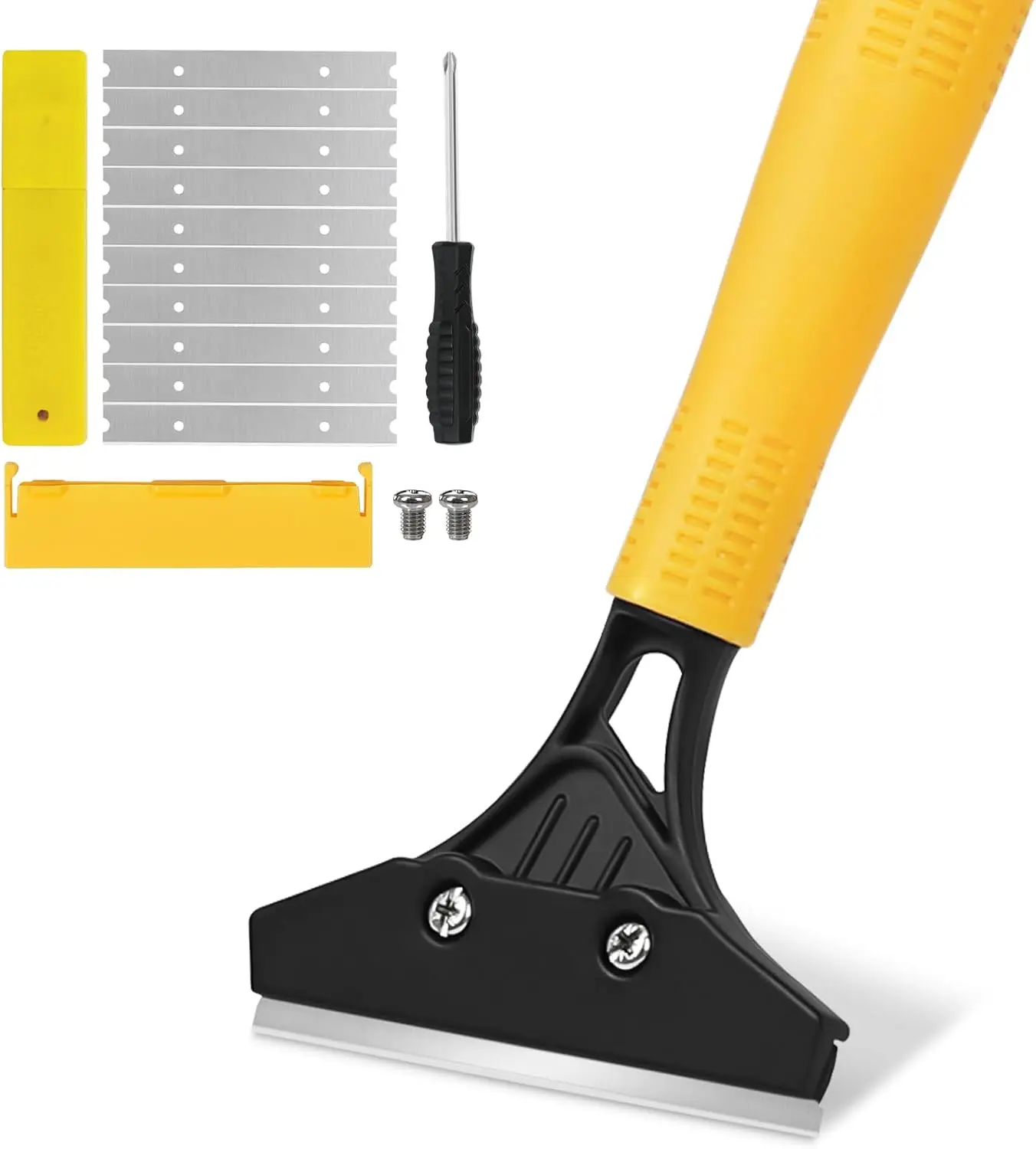 Heavy Duty Floor Scraper with 44.5 long handle, 4 Scraper Tool with 10 Replacement Metal ,  Scraper for Cleaning Gum Glass Wall Tile Glue Linoleum Stove Top