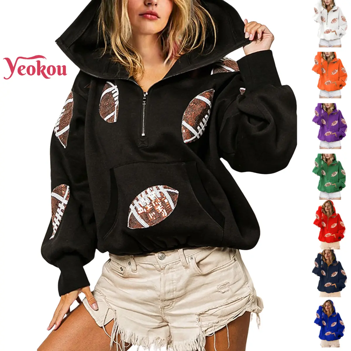 Yeokou Women's Football Sequin Hoodie Sweatshirt, Casual Oversize Half-Zip Top with Drawstring Hood and Pocket for Game Day, Graphic Hoodies