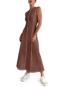 Wenrine Women's Sleeveless T Shirt Dress Summer Contrast Stitch Ribbed Knit Tank Maxi Dresses