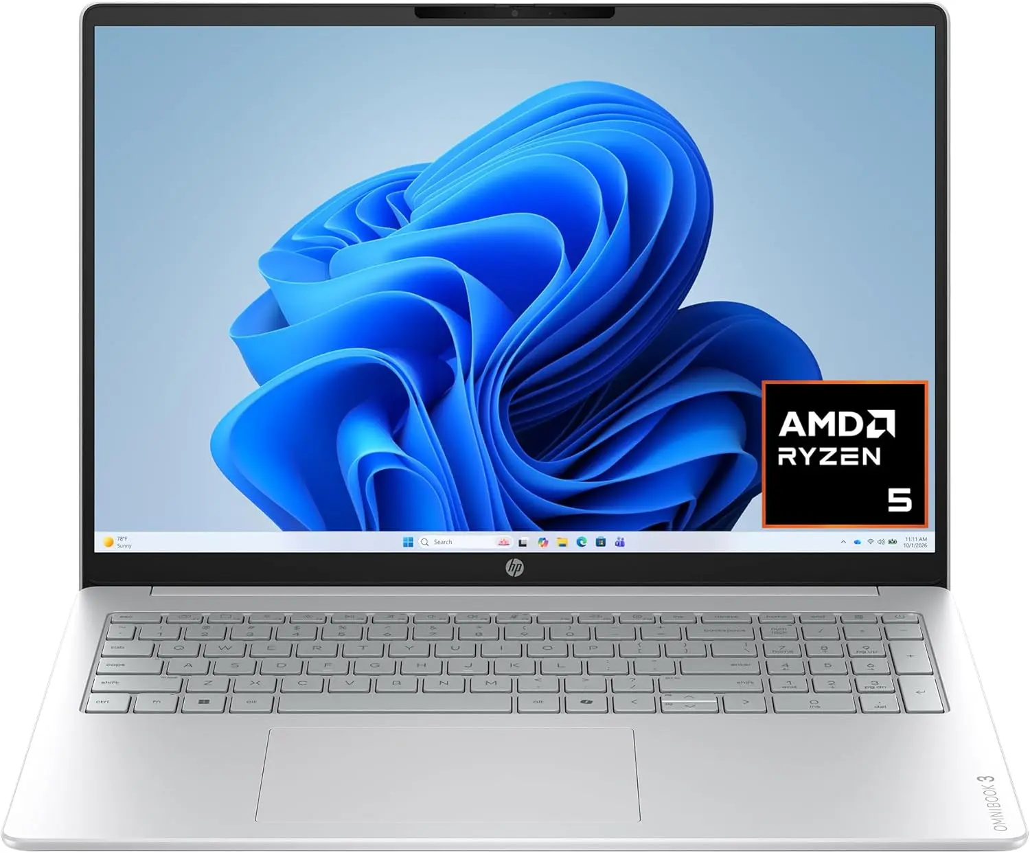 HP OmniBook 3 16 inch Laptop PC, 2K Touchscreen, AMD Ryzen 5 40, 8 GB RAM, 256 GB SSD, Windows 11 Home, Glacier Silver