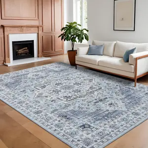 GARVEE Large Vintage Living Room Rug 10 x 13 Washable Oriental Medallion Accent Carpet  with Non-Slip Backing, Floral Print Floor Mat, Soft Low Pile Area Rug for Bedroom, Office, Blue