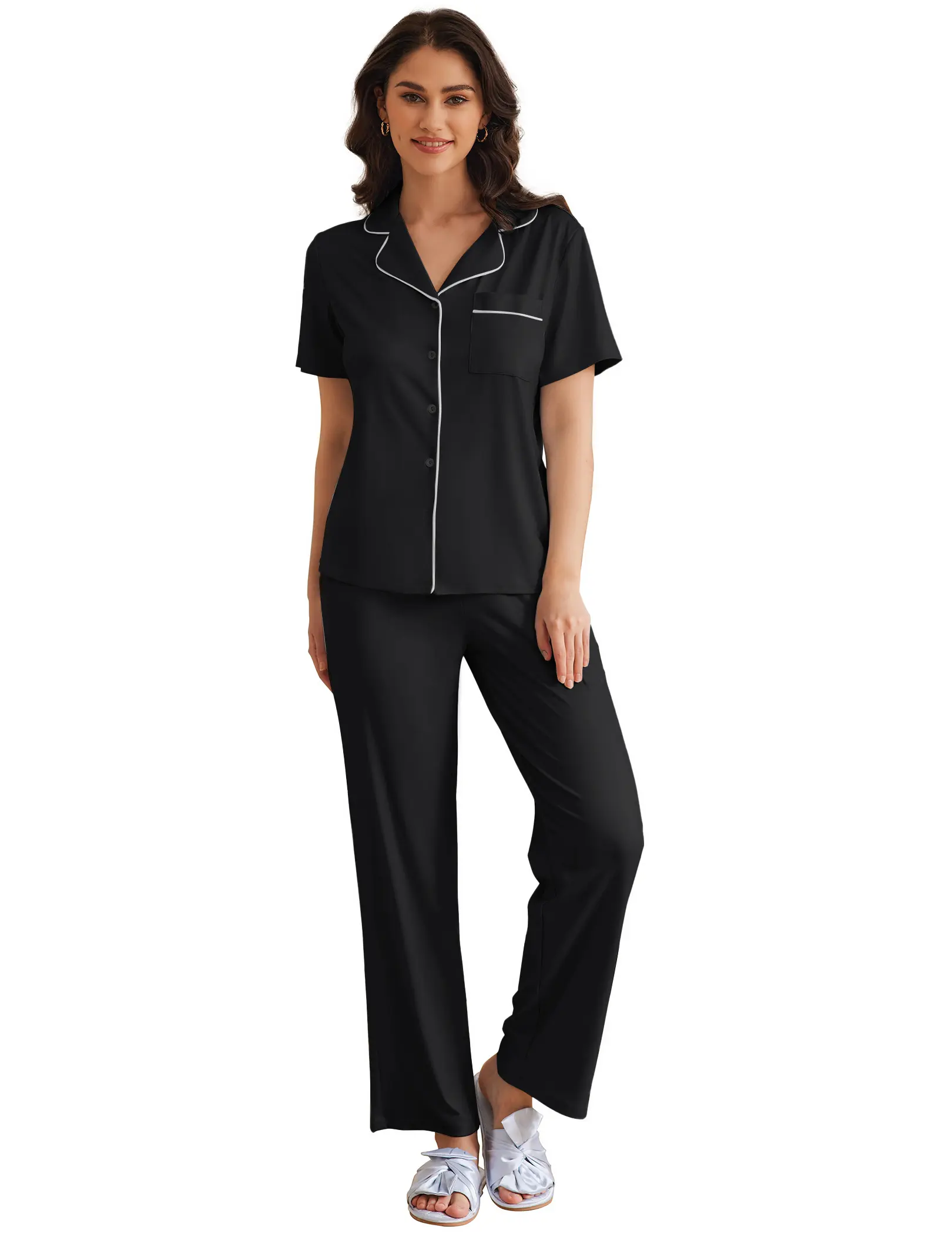 Ekouaer Women's Notch Collar 2-Piece Soft Cotton Pajama Set - Short Sleeve Button-Down Top, Long Pants with Contrast Piping, Pockets, Ideal for Nursing, Lounging, Gifting to Daughters