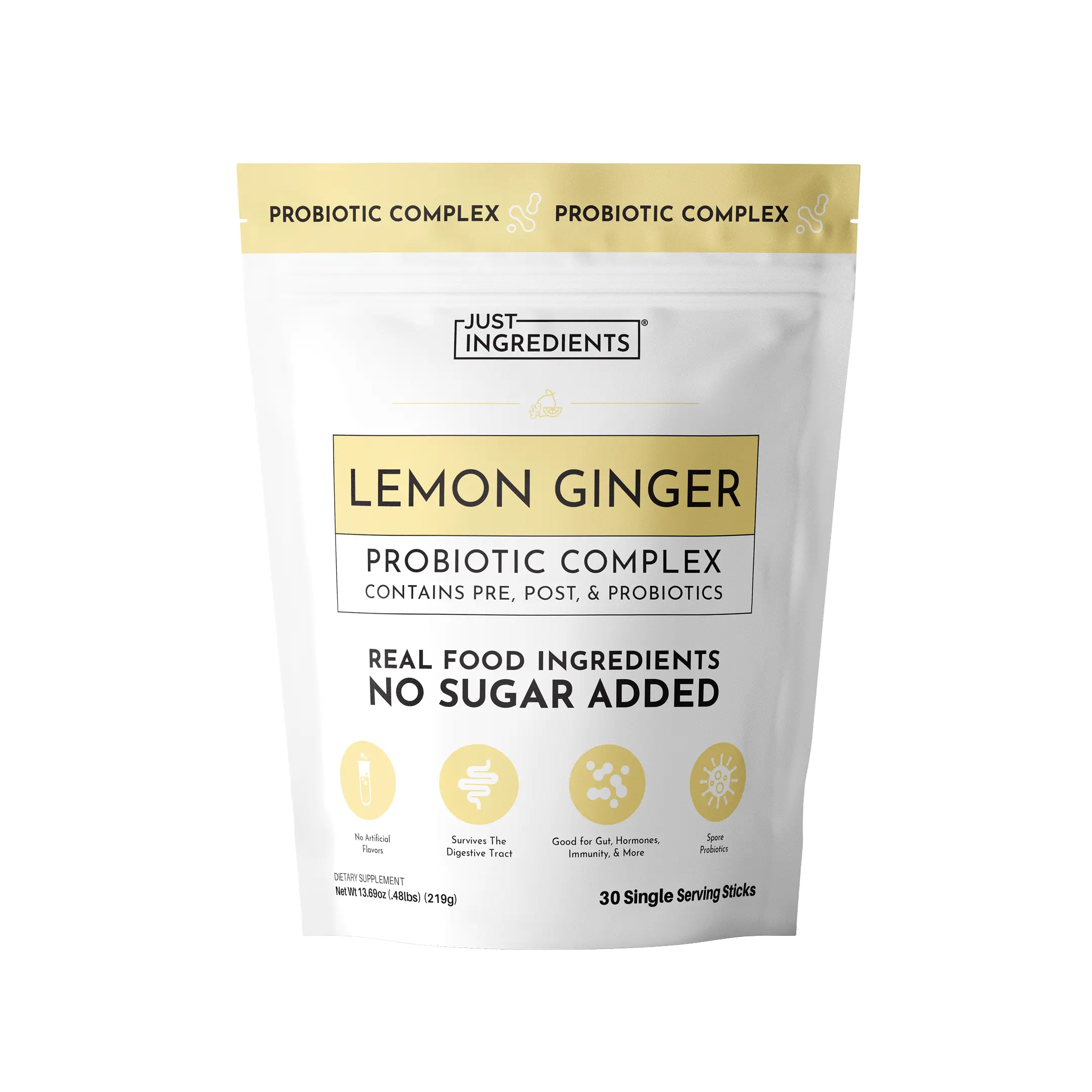 Just Ingredients Lemon Ginger 3‑in‑1 Probiotic Complex – 30‑Stick Drink Mix with Prebiotics, Probiotics & Postbiotics – 5 Billion CFU Spore Strains + Lemon & Ginger Extracts – Gut, Immune & Digestive Support