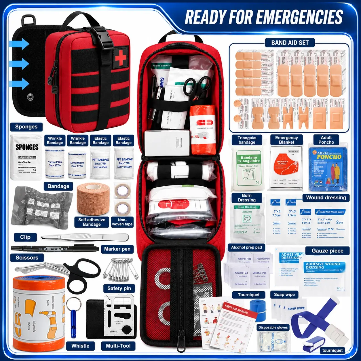 399-Piece Pre-Packed Emergency First Aid Trauma Kit with Tourniquet, Portable Emergency Tool Set, Medical Bag for Outdoor Camping, Home Safety Needs, Portable Emergency Kit