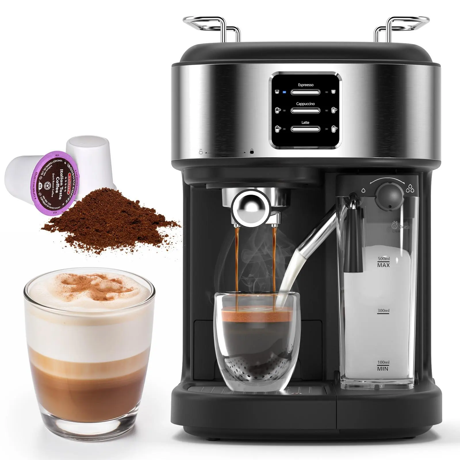 COWSAR 3 In 1 Semi-Automatic Espresso Machine for Coffee, Latte at Home & At Home Espresso, 20Bar Crema Hit with Automatic Milk Frothing, Dual Heating System & Capsule Compatibility