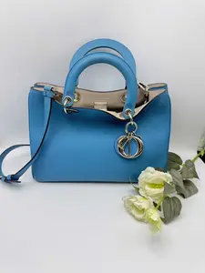 Pre-owned Dior Diorissimo Top Handle Bag in Azure Blue Grained Calfskin Leather, Silver Tone Hardware, Iconic D Charm & Detachable Crossbody Strap Luxury Handbag, Old Money Aesthetic