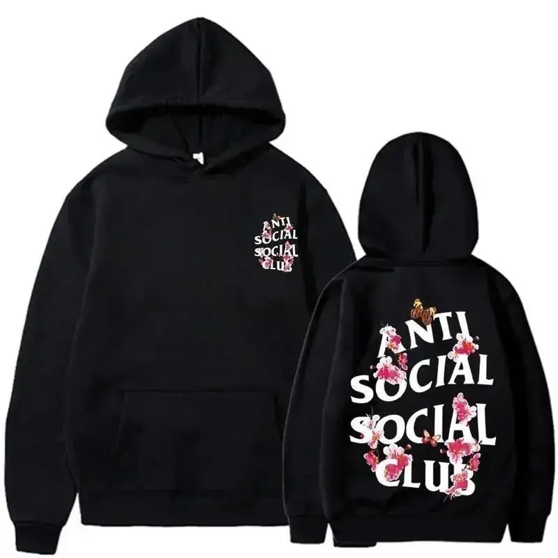 Women's Classic Ribbed Longsleeves Hoodie - Casual Floral Graphic, Anti-Social Introvert Quote Back Print, Hangable Cotton Heavy Fabric, Family Sizing Unisex Streetwear Pullover Clothes, All-Season Trendy Gift