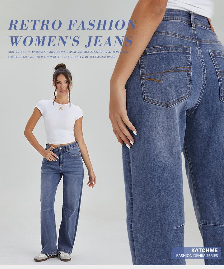KatchMe Women's Vintage Chic Mid-Rise Denim Dart Seam Wide Leg Jeans, Versatile Multi-Pocket Trousers, Minimalist Women's Bottom, Street Womenswear
