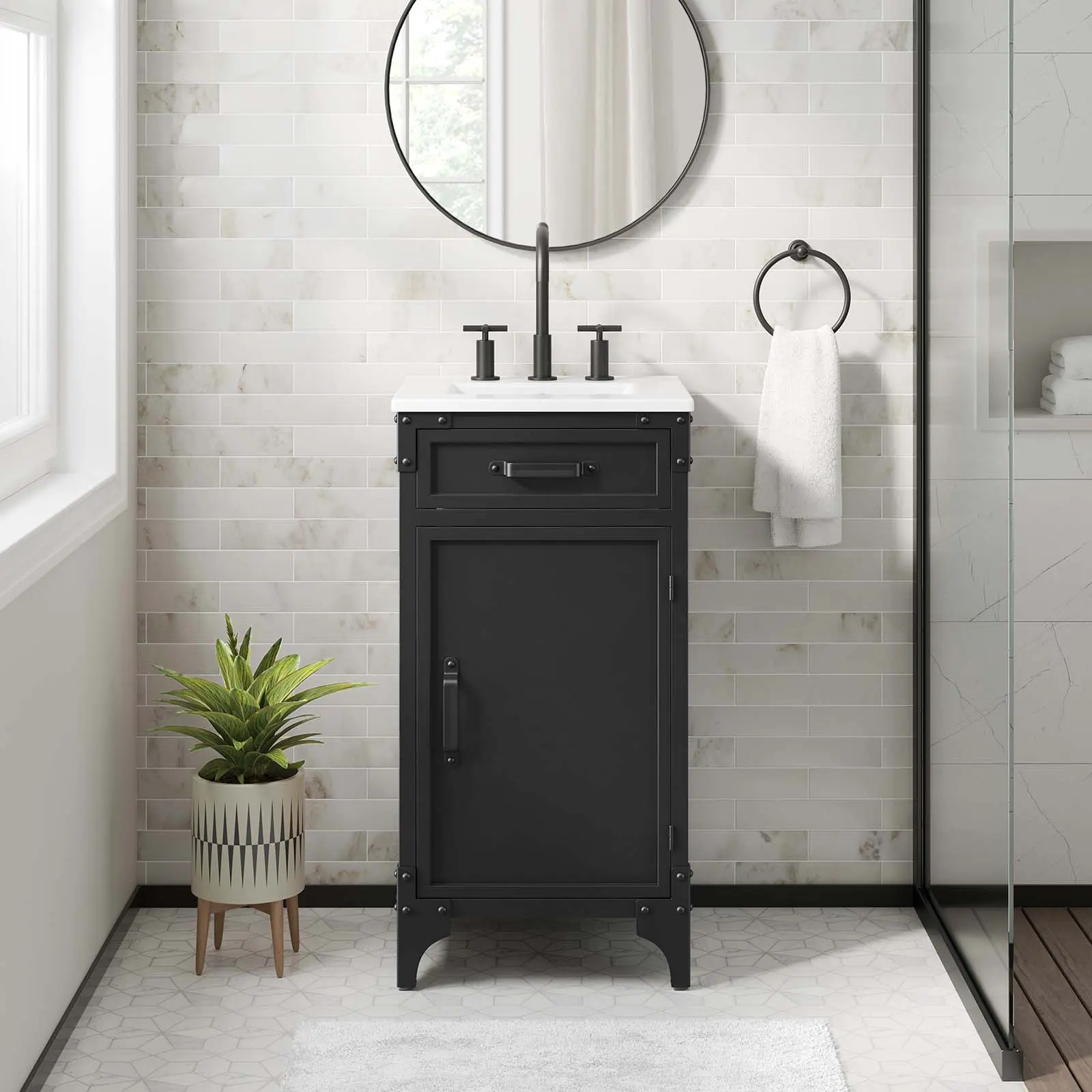 Modway Steamforge 18" Industrial Bathroom Vanity Set with Sink, Countertop, Cabinet, White-Black Finish, Indoor Use, Ample Storage Space