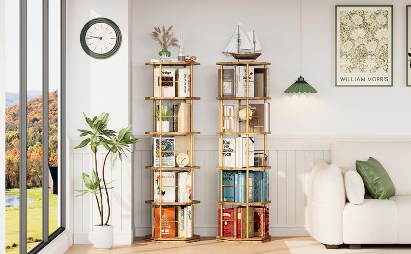 IRONCK 5-Tier 360° Rotating Bookshelf, Round Spinning Bookcase for Home & Office, Wooden Floor Standing Storage Organizer Display Rack