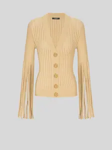 Fringed Sleeve V Neck Cardigan
