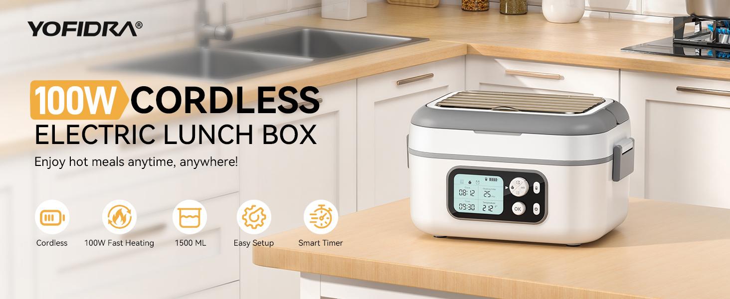 Yofidra Cordless Heated Lunch Box, 24000mAh 100W Electric Lunch Box with Smart Timer, 6.3-Cup Super Large Lunchbox for Men & Women, Portable Food Warmer with Insulated Bag for Outdoor/Office, Black Tableware Stainless Steel