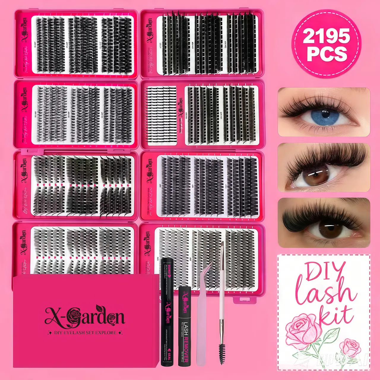 X-Garden Lash Clusters Pack, Lightweight Mixed-Length Cosmetic False Eyelashes, 2195PCS DIY Lash Extensions Kit for Beauty Makeup Application