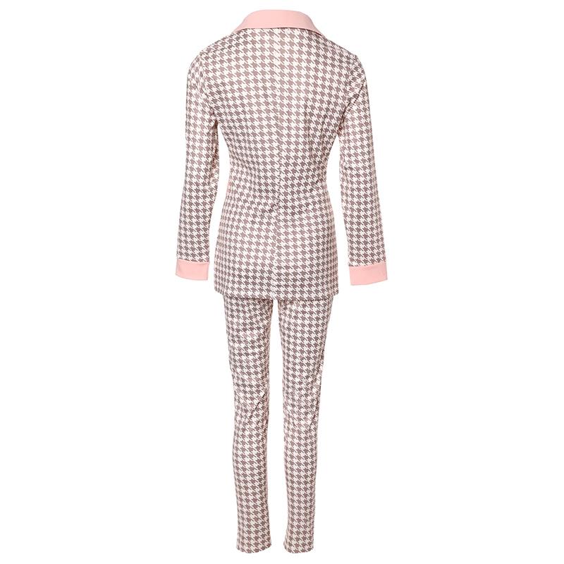 ChicMe Houndstooth Print Notched Collar Zip Front Flap Detail Corset Slit Coat/Print Blazer and Elastic Waist Slim Fit Pants Set Blazer Set