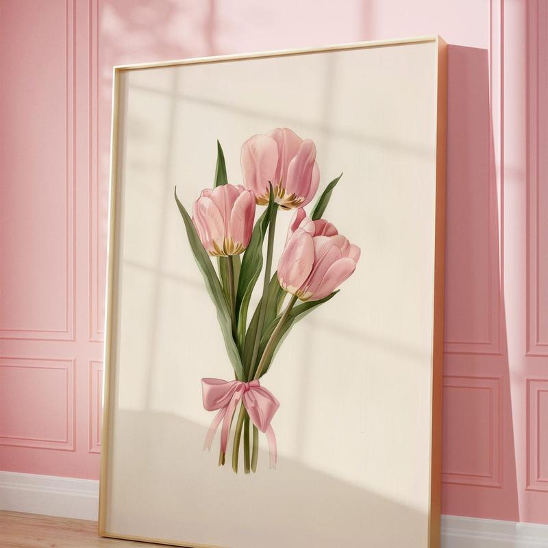 Coquette Tulips Bouquet Print, Pink Girly Aesthetic Wall Art, Y2K Cute Coquette Decor, Blush Pink Bow Poster, 5 Size, 8x12 to 27x40 inch, Room Decor, Unframed