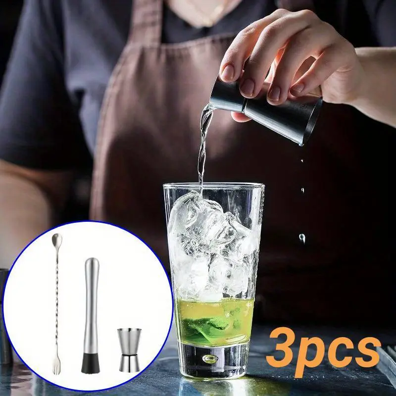 Pack of 3 Stainless Steel Bar Muddler Set, 10inch Cocktail Muddler for Cocktails with Cocktail Spoon Long Handle and Jigger 0.5/ 1oz, Bar Accessories Tools for Fruit Drinks, Christmas Party Favors mini toolkit