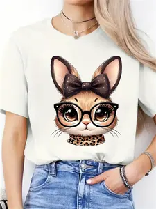 Cute Bunny with Bow, Limited Edition, Novelty Print, New Women's Round-neck Casual Sporty Comfortable T-shirt