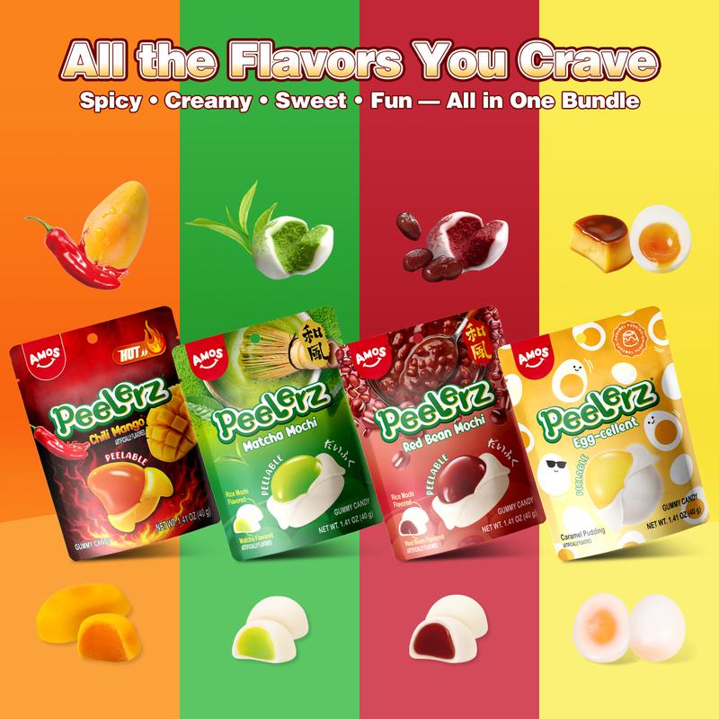 AMOS Peelz Gummy Peelable Mochi Variety Pack - Chili Mango, Matcha, Red Bean, Egg Custard - Soft Chewy Delight Snack Bonbon - Fun Treat for Gummy Lovers Mangga Sweet