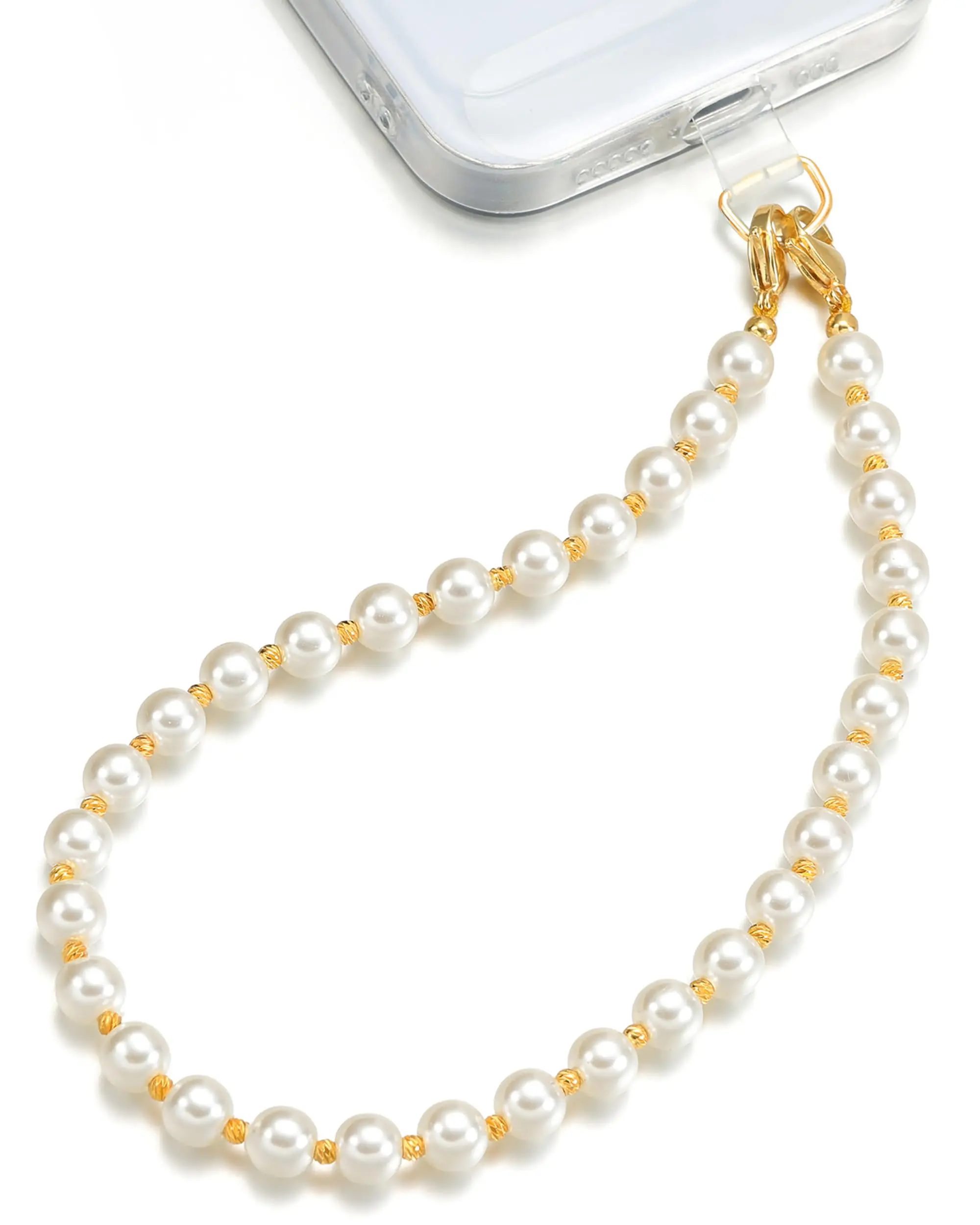TRBR White Pearl Phone Charm Wrist Strap, Gold Beaded Lanyard Wristlet Chain, Cute & Elegant Bracelet Strap for iPhone & Cell Phone Cases