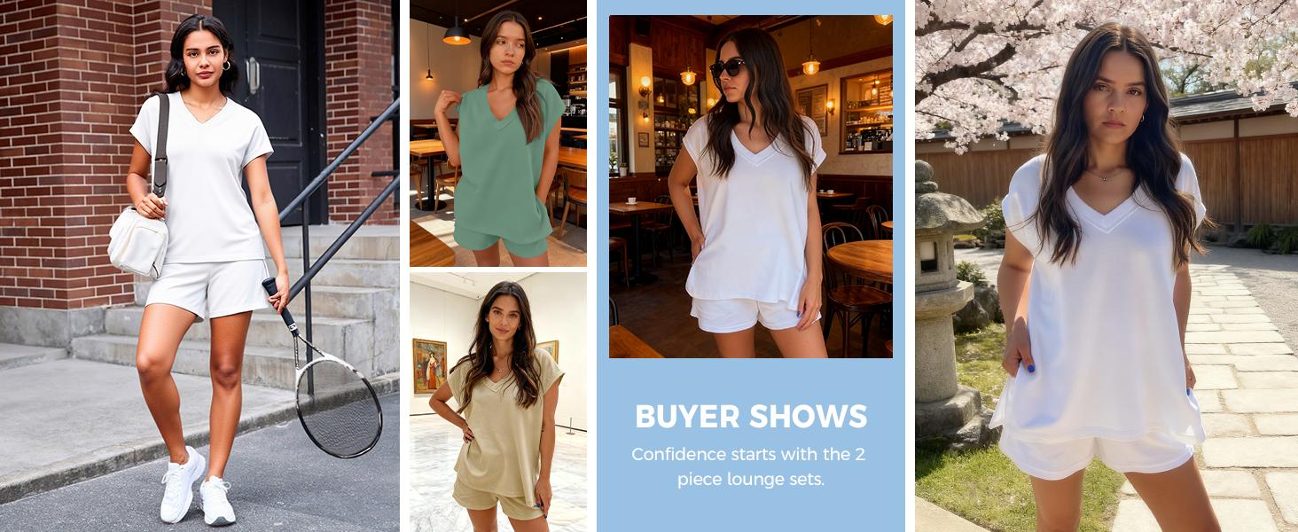 Fisoew Womens 2 Piece Cotton Lounge Sets Workout Matching Outfits V Neck Cap Sleeve Tops and Active Shorts Loungewear SpringStatements