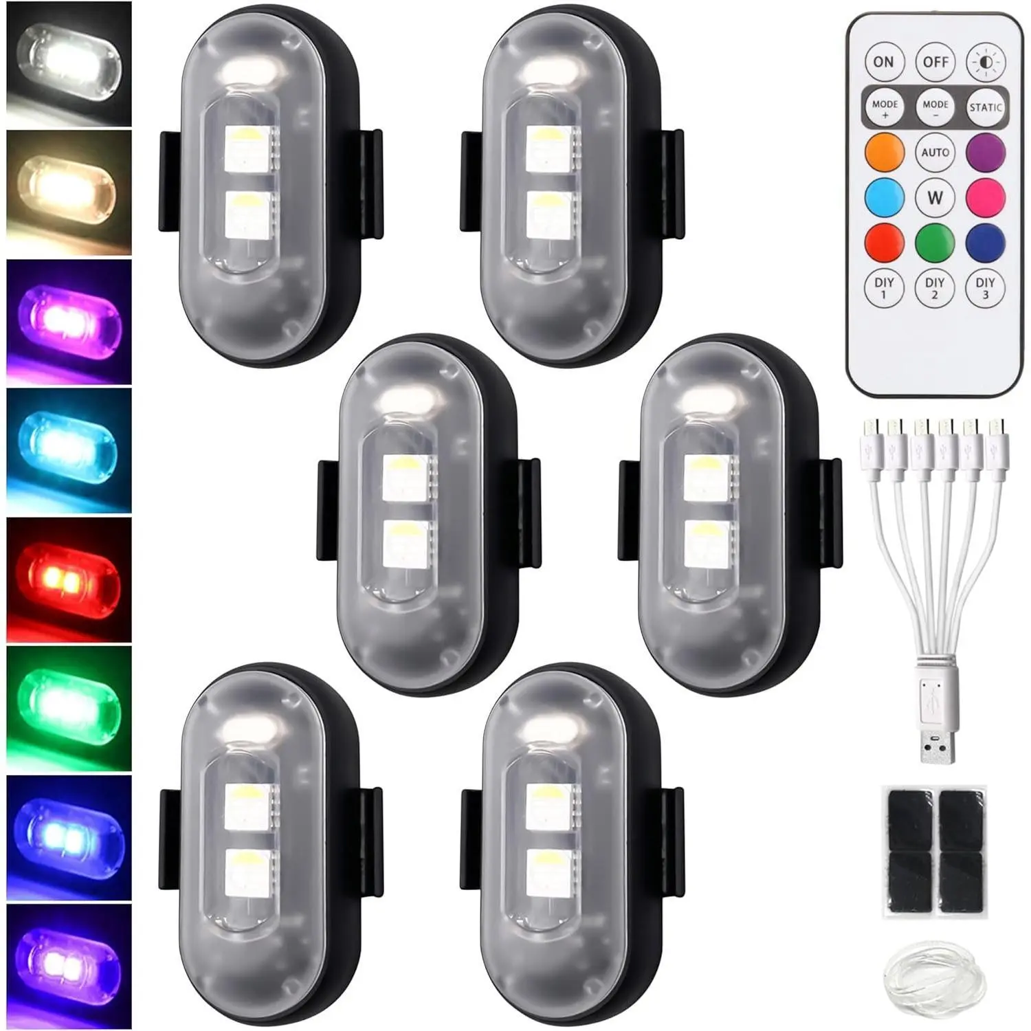 Unisex 6 Pcs Wireless LED Strobe Cycling Lights Kit, IP65 Waterproof 8-Color USB Rechargeable with Remote, Anti-Collision Warning for Motorcycles, Bicycle Accessories, Rechargeable Bicycle Light, Outdoor Sports Use
