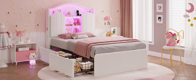 Sikaic Girls Twin Size Bed Frame with 4 Drawers & Hidden Storage Headboard LED Lights Charging Station Velvet Upholstered Strong Metal Slats No Box Spring Needed Noise Free Beige