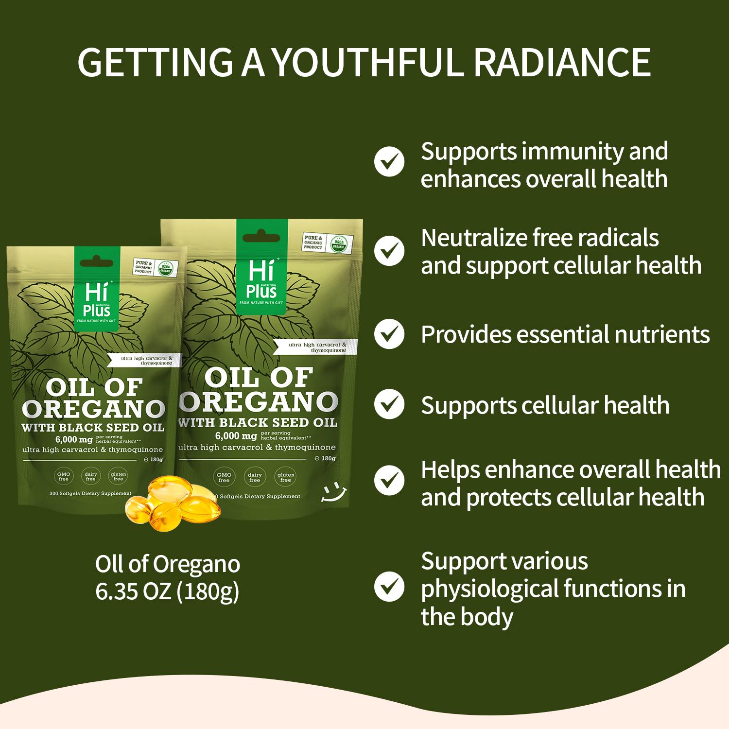 HiPlus Oil of Oregano with Black Seed Oil 300 Capsules | Natural Antioxidants for Fitness | Nutritional Support | Highly Effective Botanicals Edible Dietary Supplement