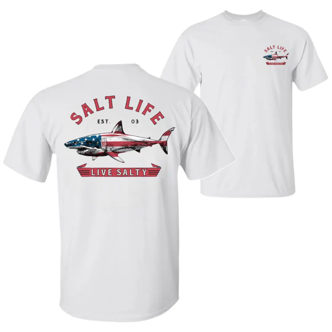 Salt Life Live Salty Sharkk T-Shirt, American Flag Shark Graphic Tee, Soft Cotton Unisex Shirt, Coastal Lifestyle Apparel for Men & Women, Beach and Fishing Lover GiftGraphicTee StreetwearTshirt