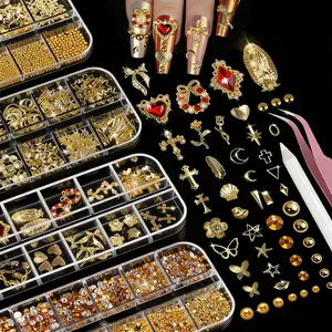 Gold Nail Charms and Gems Set, 4 Boxes Nail Gems Nail Pearls Nail Art Tools, 3D Cross Nail Charms Heart Nail Rhinestones for Nails Supplies, Charms for Nails Design Nail Art Kit