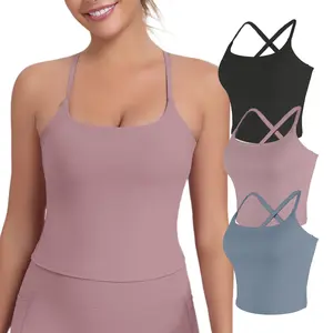 CRAZY YOGA 2026 New Adjustable Straps Built-in Bra Tank Top - Criss Cross VS Spaghetti Thin Straps & Scoop Neck, Slim Cute Buttery Soft Thicker Fabric Longline Sports Bra with Built-in One-Piece Bra Pads Yoga Wear Fitness Yoga Gym Activewear