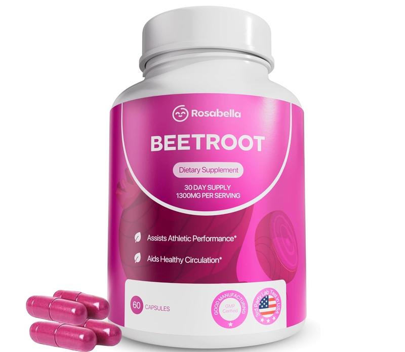 Rosabella Organic Beetroot Capsules -1300mg Beetroot Powder for Healthy Circulation and Vitality, Non GMO, Beetroot Supplement -60 capsules, 30 day supply