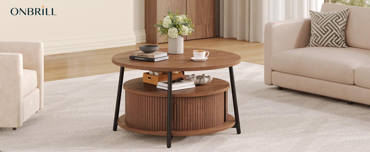 【SPOTLIGHT DAY】ONBRILL 31.5 Inch Round Coffee Table with Storage, Fluted Coffee Tables with 2 Tiers, Mid-Century Modern Center Table with 2 Sliding Doors and Adjustable Footpad for Living Room