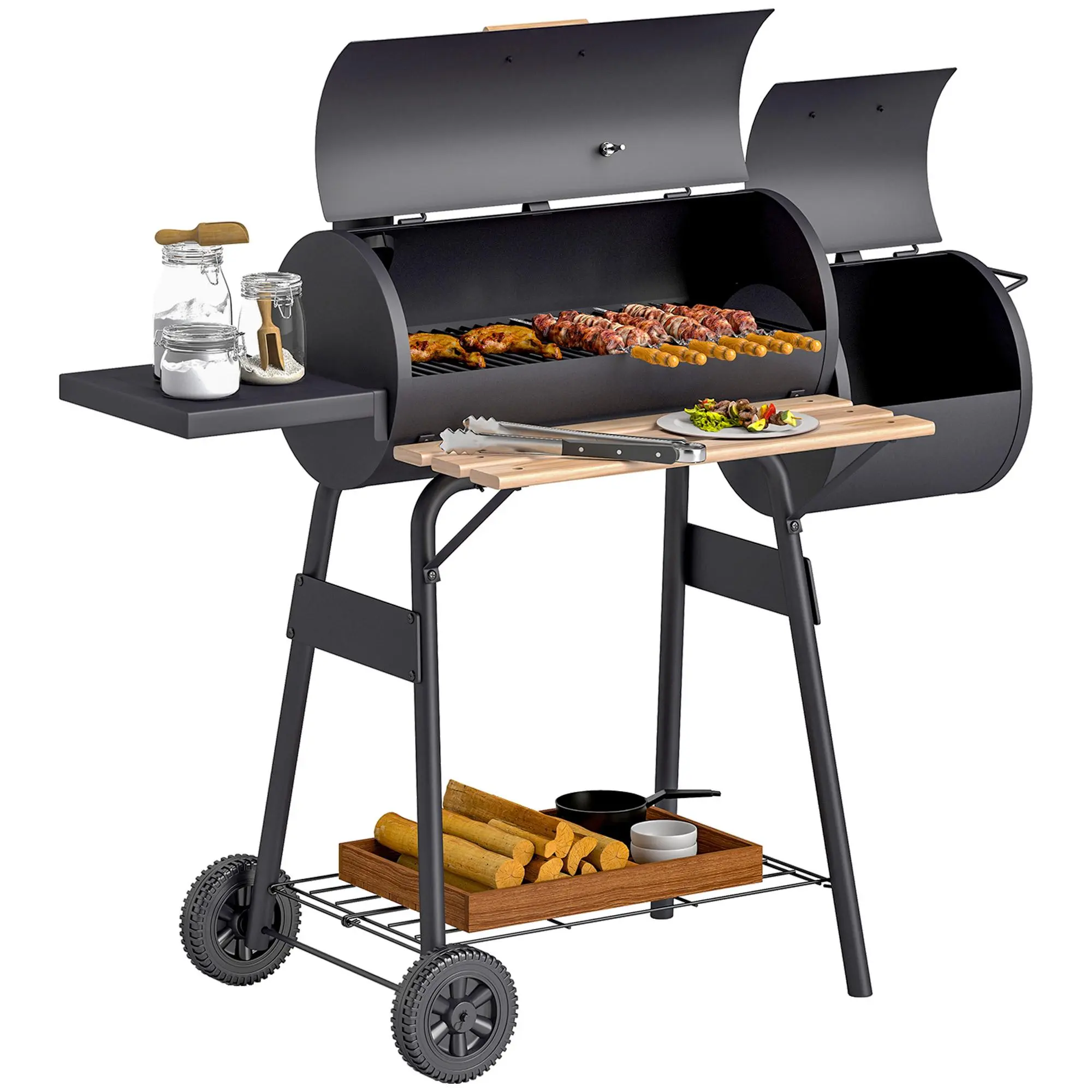 Outsunny Freestanding Metal Steel Offset Charcoal Barbecue Grill with Smoker, 231 Sq-In Cooking Area, Barrel Combo, Side Tables, Shelf, Thermometer, Wheels for Backyard Outdoor Patio Gatherings