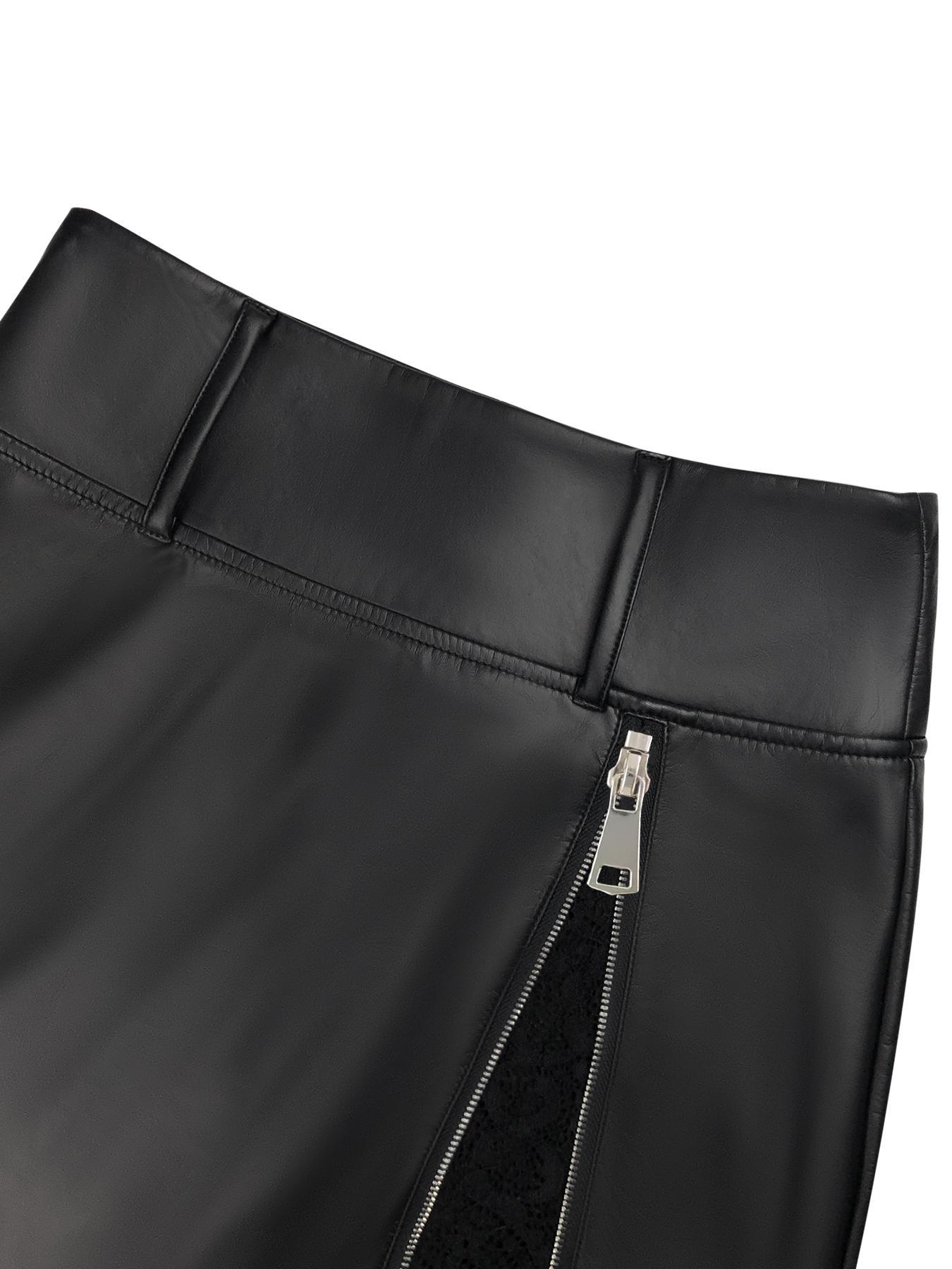 Aswulk Women's Solid Color Lace Patchwork PU Skirt with Zipper and Thin Fleece Inner Lining, Fashionable Bow Belt Mini Skirt for Daily Outdoor Wear, Ladies Bottoms for Spring & Fall & Winter Black Chic