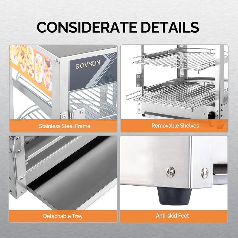 ROVSUN Food Warmer - Commercial Countertop Electric Pretzel Warmer with Removable Shelves LED Lighting Glass Door for Restaurant Buffet - 3/5 Tiers (800W)