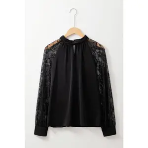 Lace Patchwork Sleeve Keyhole Neckline Blouse