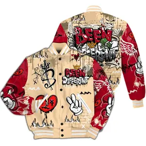 Varsity Jacket To Match Retro Pizza GS 4s Been Dif2erent Drip Graffiti All Over Print High-Grade Polyester Custom Baseball Jacket with Snap Closure & Elastic Details