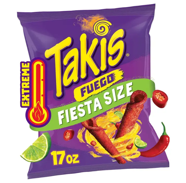 Takis Fuego 17 oz Fiesta Size Hot Chili Pepper & Lime Flavored Extreme Spicy Rolled Corn Tortilla Chips