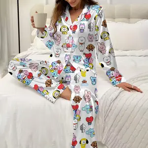 BT21 Satin Pajama Set for Women, Cute K-Pop Character Sleepwear, Short Sleeve Button-Up PJs, Fan Gift