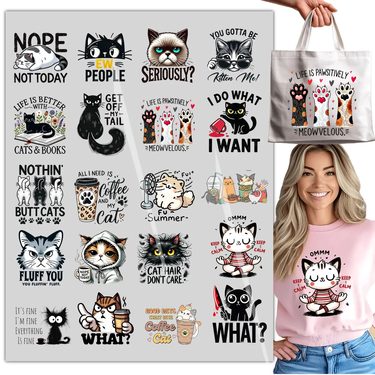20sheet Cute Funny cat Iron on Transfers Iron on Decals DTF transfers Ready to Press for T Shirts for Clothes Bag Pillow Covers DIY Iron on Heat Sticker DTF transfers Ready to Press